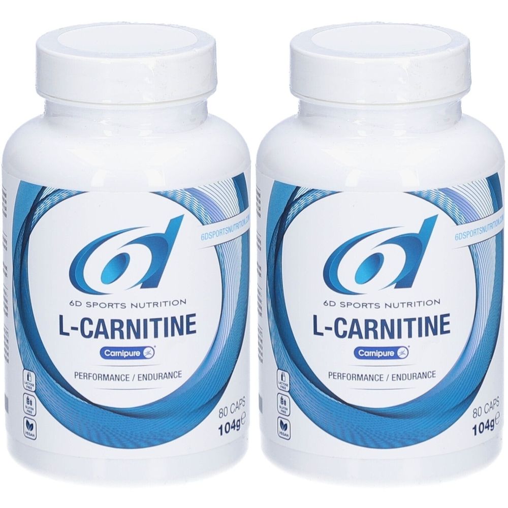 Deux flacons blancs avec étiquettes bleues. Inscription: 6D Sports Nutrition L-Carnitine. Contient 80 capsules, 104g.