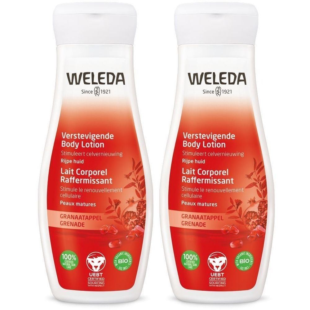 Twee flessen bodylotion. Opschrift: WELEDA, Lait Corporel Raffermissant, Granaatappel.