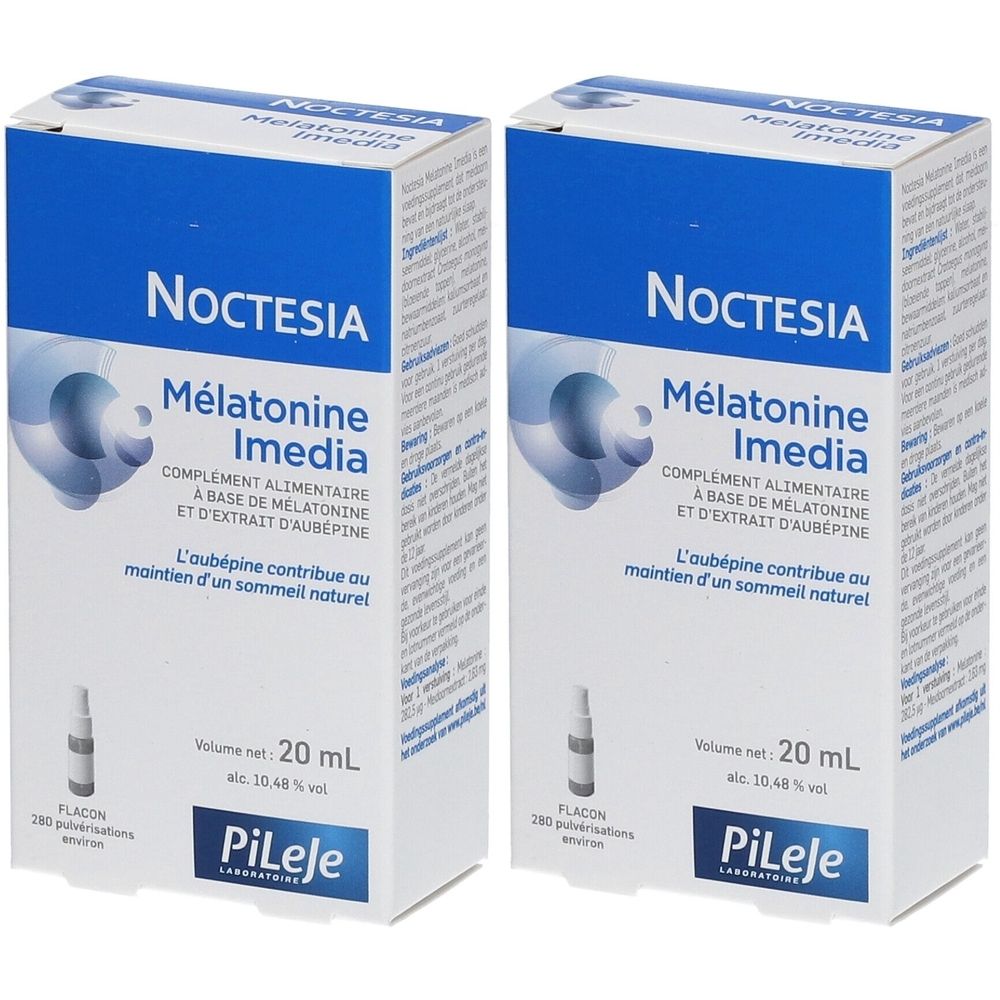 Deux boîtes "Noctesia Mélatonine Imedia". Emballage bleu et blanc avec informations produit et logo Pileje.