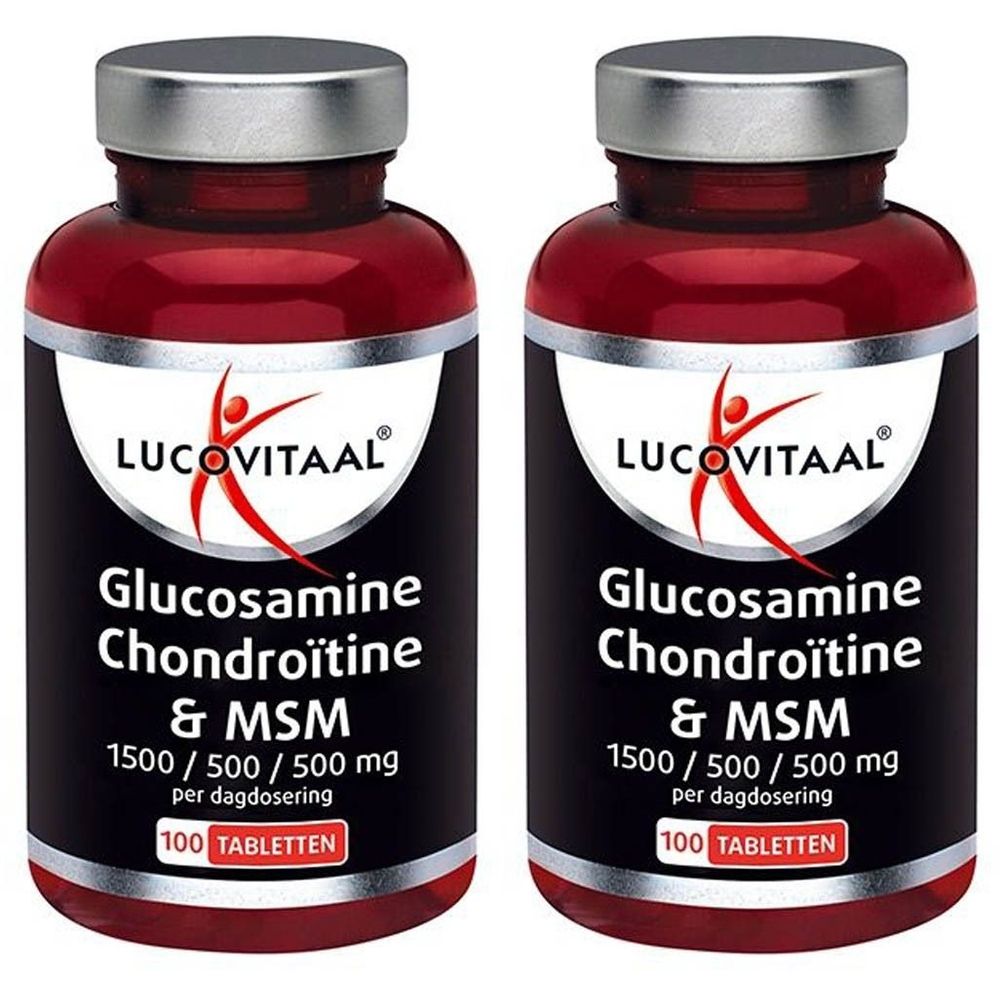 Twee flessen voedingssupplementen. Opschrift: Lucovitaal, Glucosamine, Chondroïtine & MSM. 100 tabletten per fles.