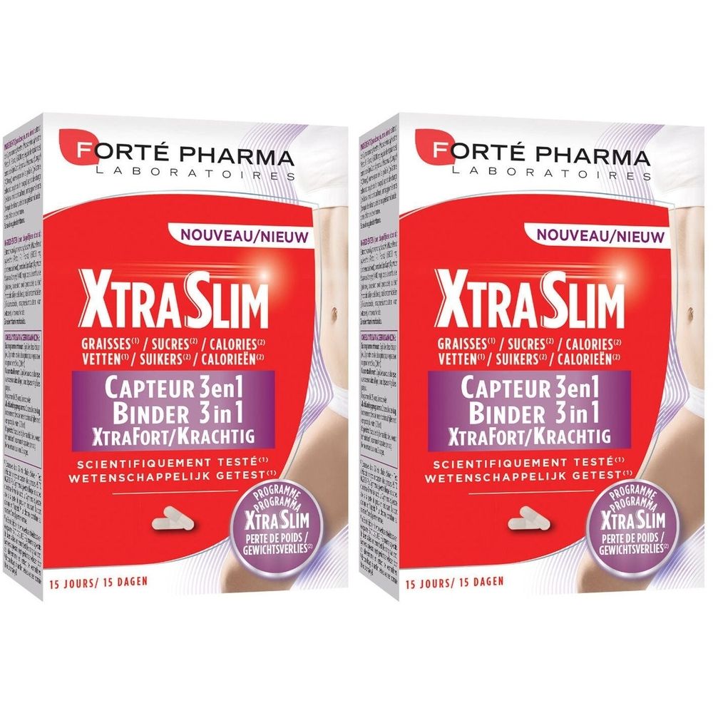 Twee rode dozen met "Xtra Slim" en meertalige tekst. Forté Pharma logo zichtbaar. Bevat productinformatie.