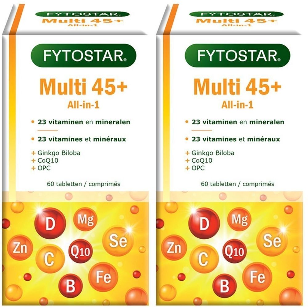Twee verpakkingen Fytostar Multi 45+. Opschrift: Multi 45+, All-in-1, 23 vitaminen en mineralen, 60 tabletten. Met vitaminen- en mineralensymbolen.
