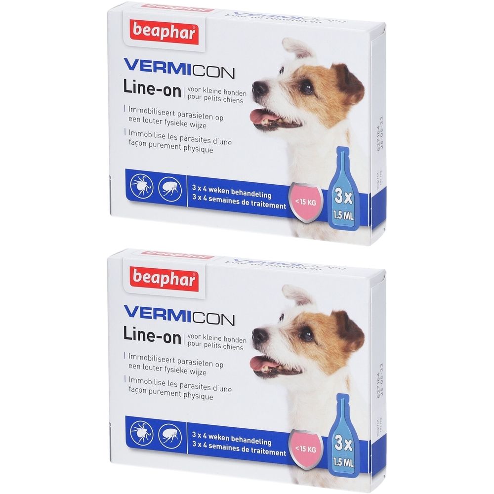 Deux boîtes de "VERMICON Line-on" pour petits chiens. Illustration d'un chien. Contient 3x1.5ml.