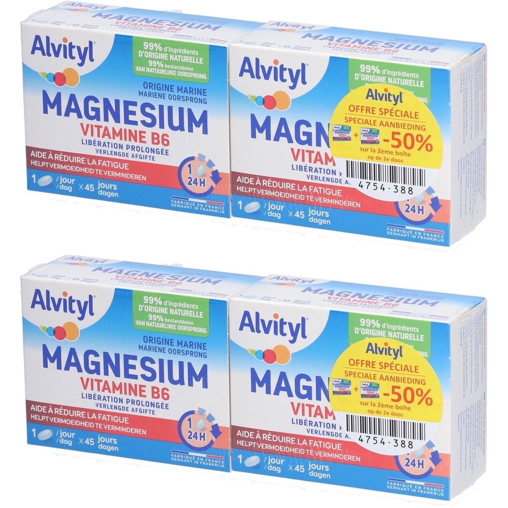 Meerdere verpakkingen Alvityl Magnesium Vitamine B6. Blauw-witte verpakking met productinfo en -50% korting.