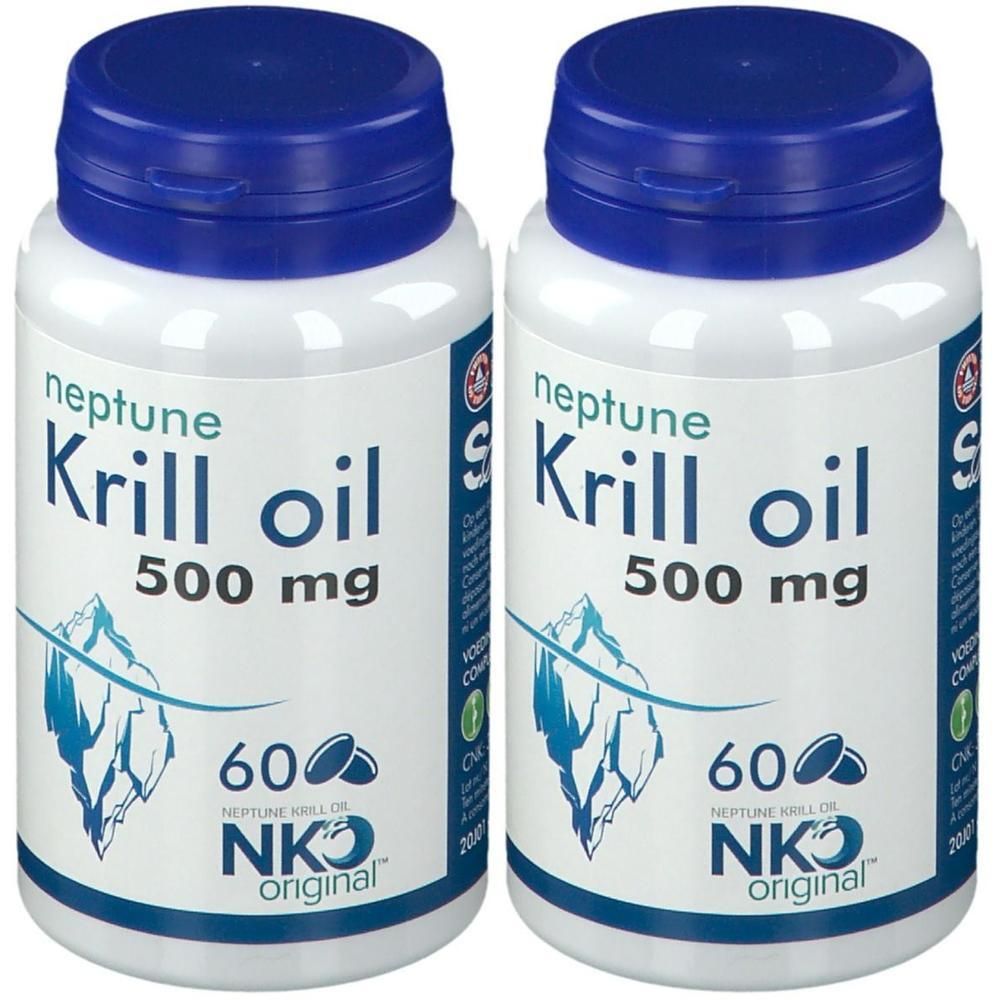 Deux flacons avec bouchons bleus. Inscription : Krill Oil 500 mg, 60 capsules. Logo : iceberg. Marque : NKO original.