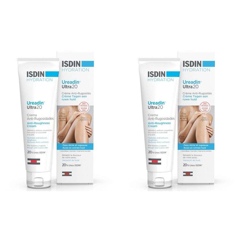 Deux tubes et boîtes de crème ISDIN Hydration Ureadin Ultra20. Le nom du produit et la marque sont visibles sur les tubes et les boîtes.