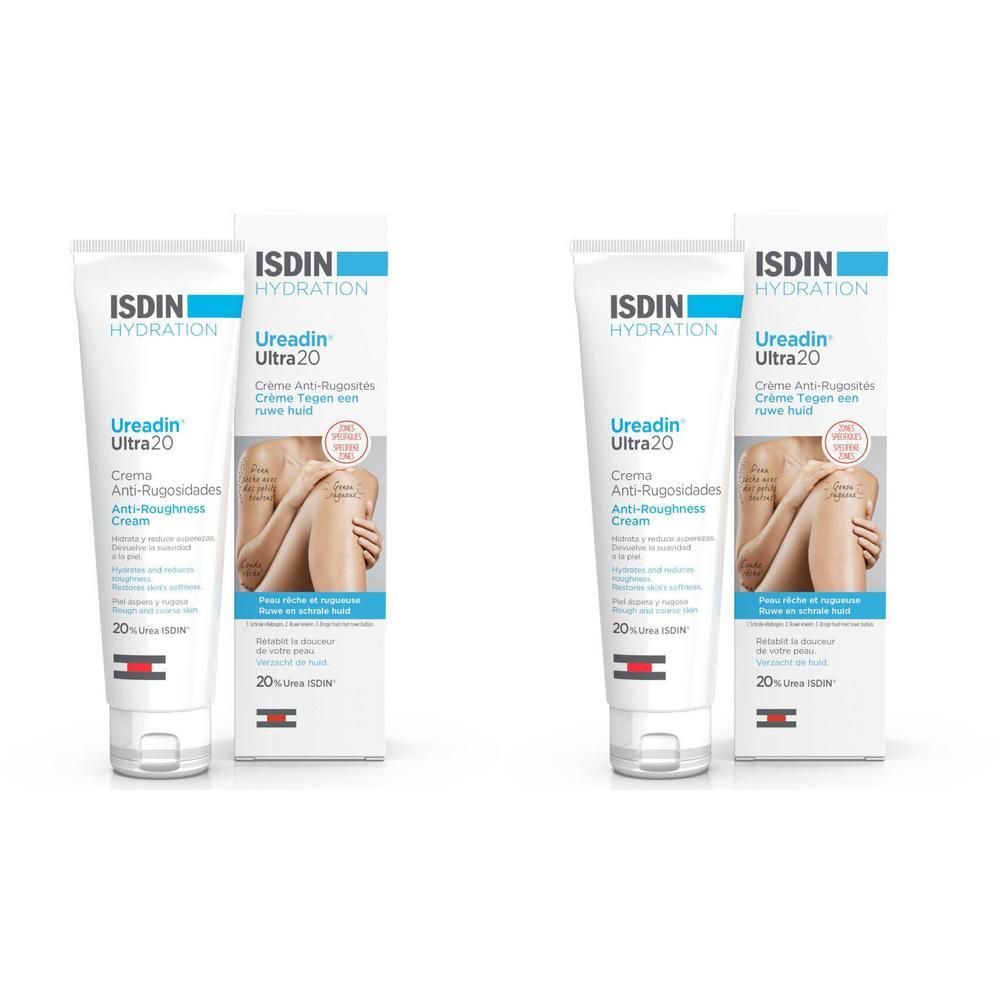 Crèmetube en doos. ISDIN Ureadin Ultra20 Crème. Anti-ruwheid crème. Opschriften: ISDIN, Ureadin Ultra20, 20%.