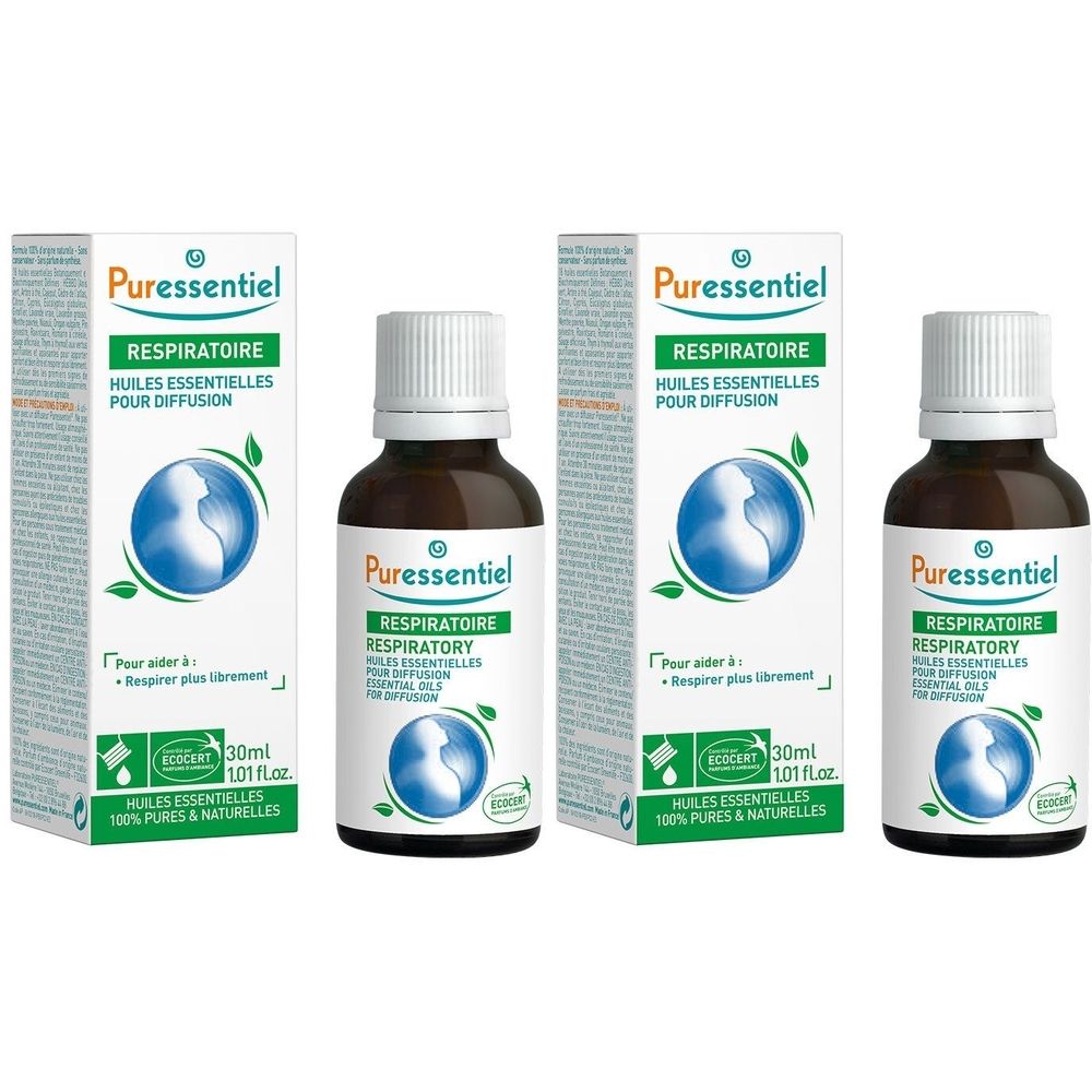 Drie flessen en dozen. Opschrift: Puressentiel, Respiratoire, Huiles Essentielles pour diffusion. 30ml.