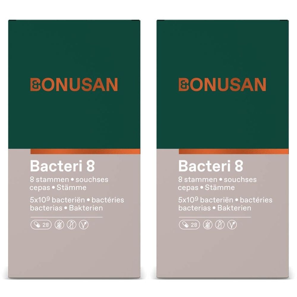 Twee groene en grijze dozen. Opschrift: Bonusan, Bacteri 8. Bevat 28 capsules.