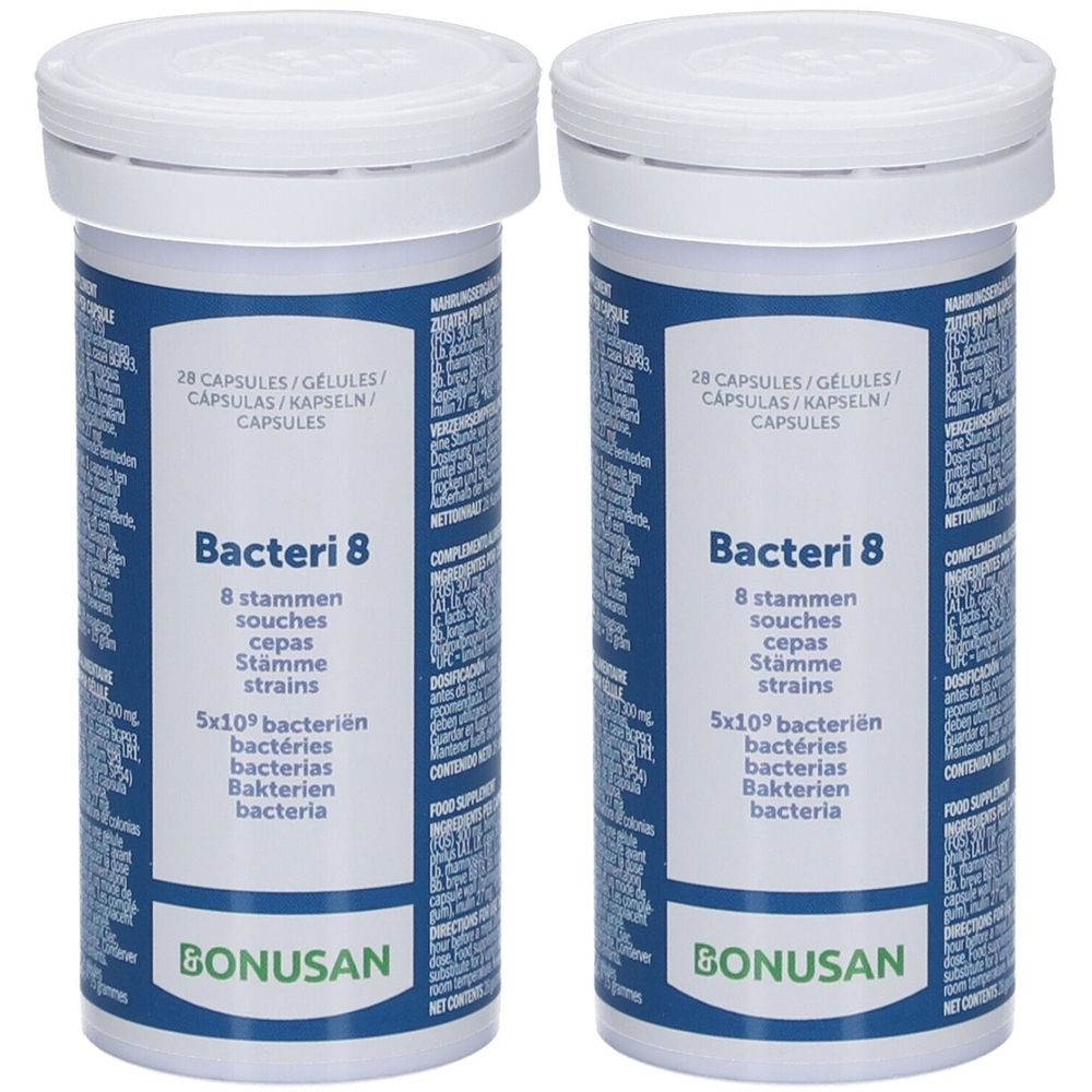 Twee witte flessen met blauwe etiketten. Opschrift: Bacteri 8, Bonusan. Bevat 28 capsules.