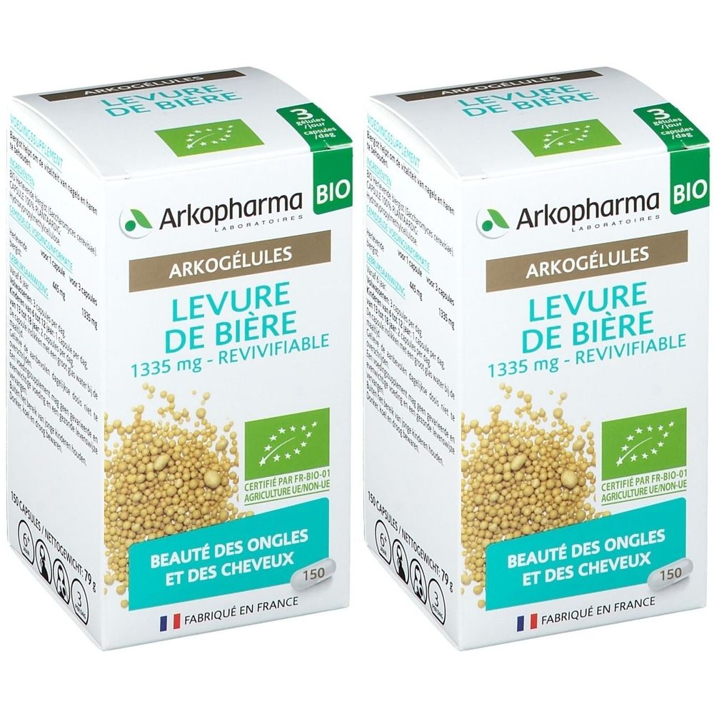 Twee witte dozen. Opschrift: Arkopharma BIO, Levure de Bière, ArkoGélules, 1335 mg, Revivifiable. Groen-witte verpakking, 150 capsules.