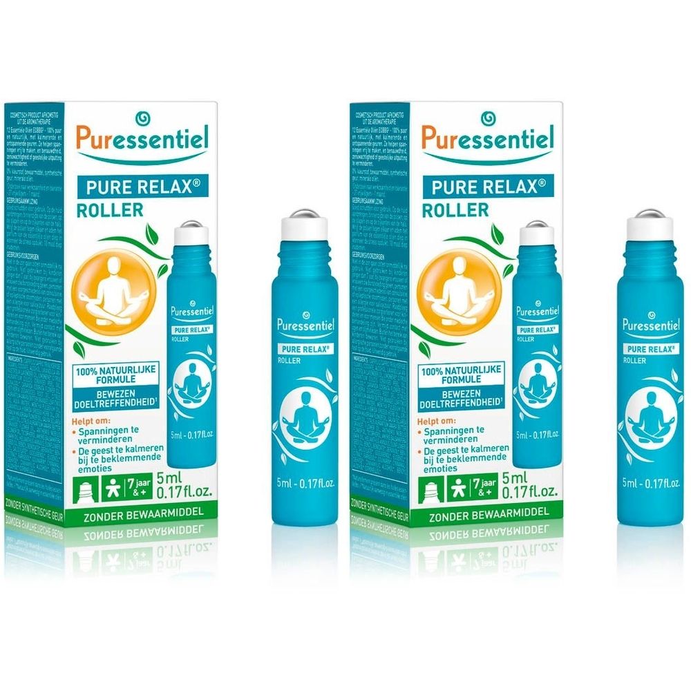 Drie flacons met roll-on applicator en verpakking. Opschrift: Puressentiel PURE RELAX® ROLLER. Inhoud: 5 ml.