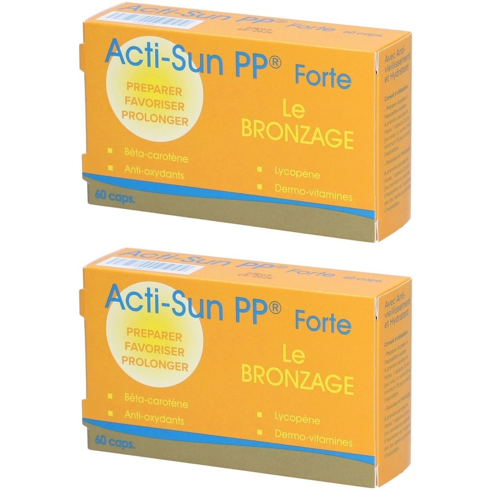 Twee oranje dozen. Opschrift: Acti-Sun PP Forte, Le Bronzage. Bevat bèta-caroteen, lycopeen en dermo-vitamines. 60 capsules.