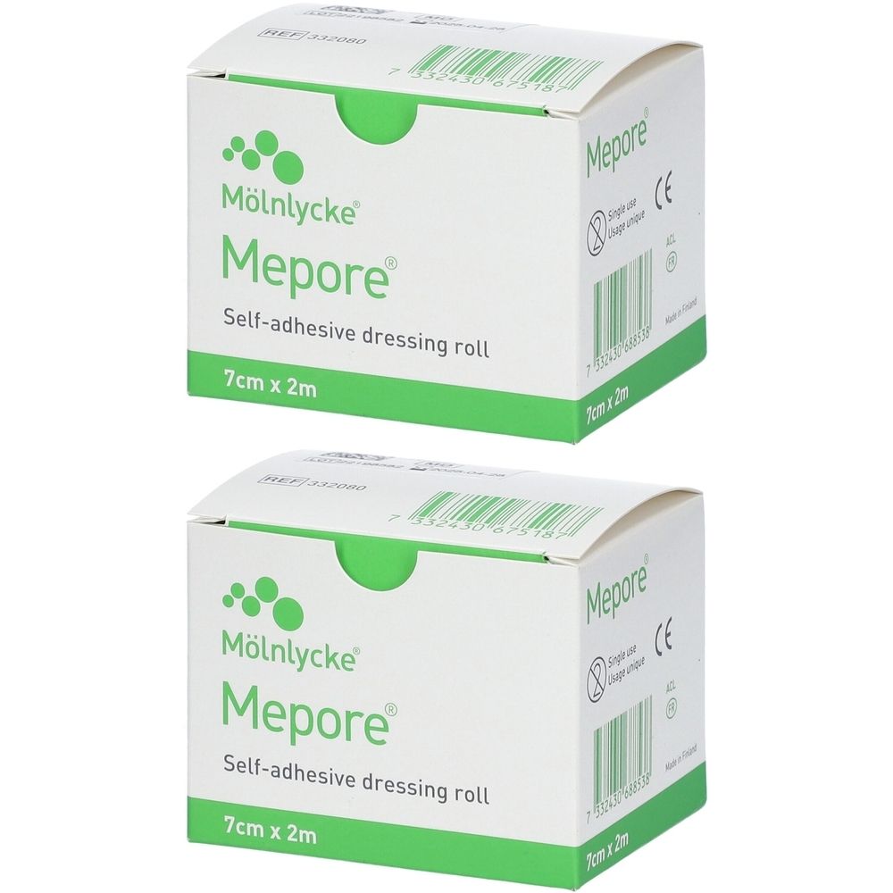 Deux boîtes blanches avec détails verts. Inscription : Mepore, rouleau de pansement auto-adhésif, 7cm x 2m. Marque CE.
