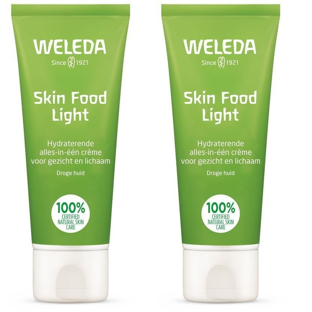 Twee groene tubes met « WELEDA Skin Food Light ». Tekst: « Hydraterende alles-in-één crème voor gezicht en lichaam ». Keurmerk: « 100% Certified Natural Skin Care ».