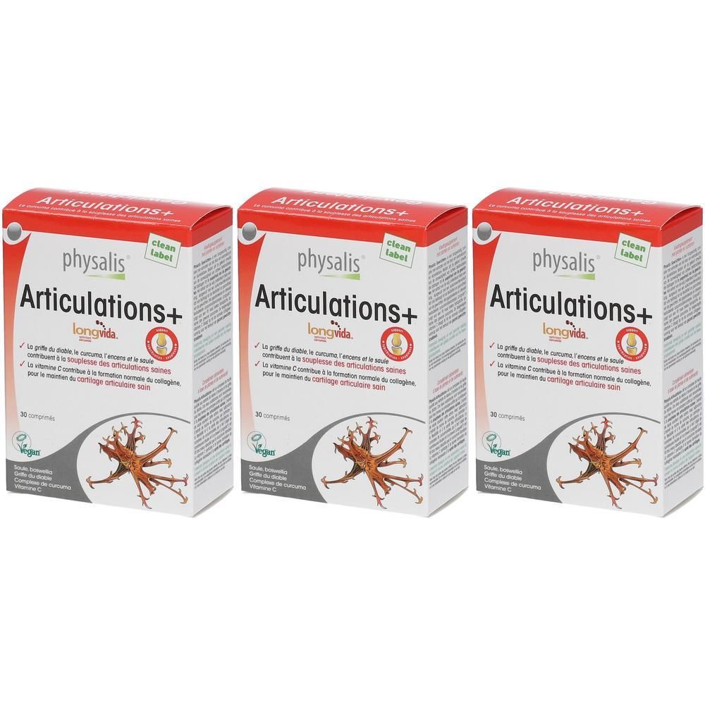 Drie dozen Physalis Articulations+ met rode en witte tekst. Veganistisch logo. 60 tabletten.