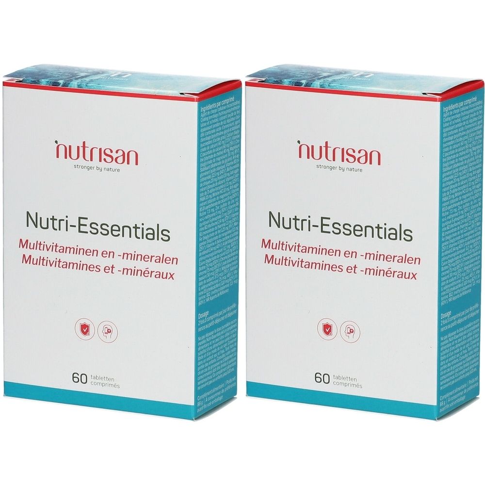 Twee dozen Nutrisan Nutri-Essentials. Opschrift: Multivitaminen en mineralen. 60 tabletten. Merk en productnaam in rood op witte achtergrond.