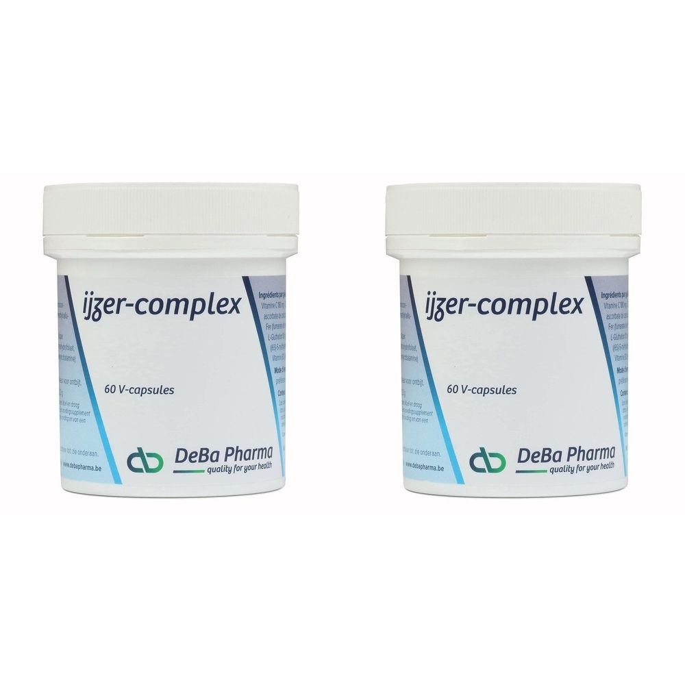 Twee witte potten met deksels. Opschrift: ijzer-complex, 60 V-capsules, DeBa Pharma.