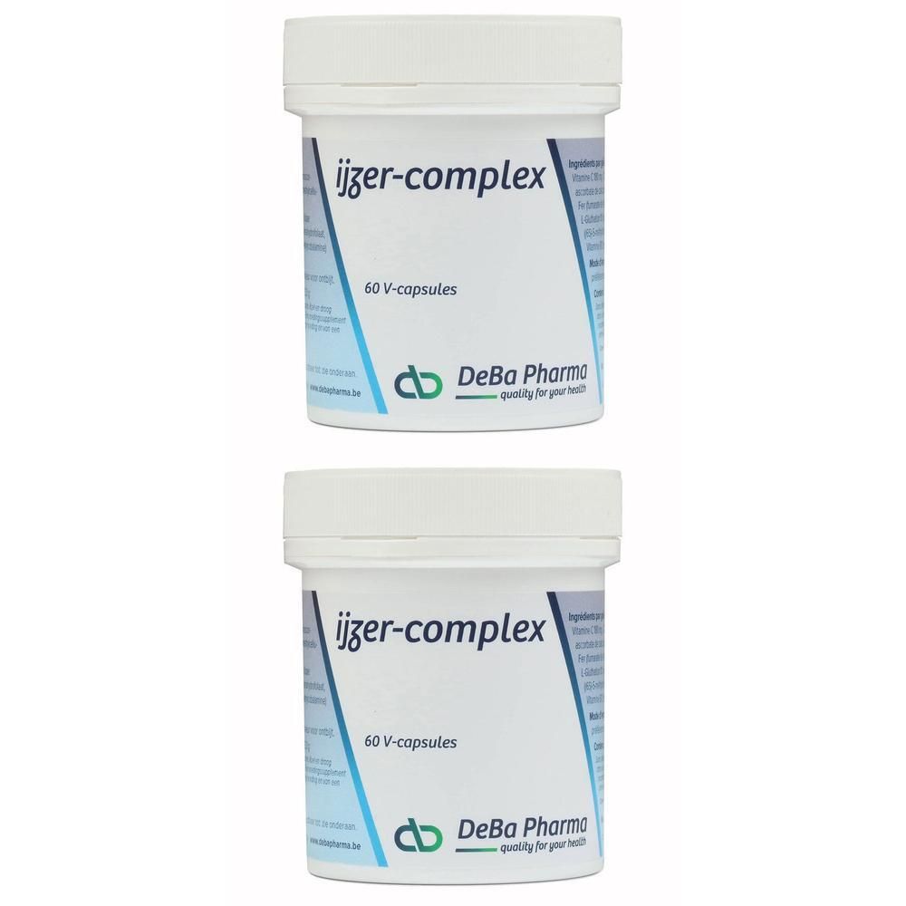 Twee witte potten met "ijzer-complex" en "60 V-capsules". Logo DeBa Pharma.