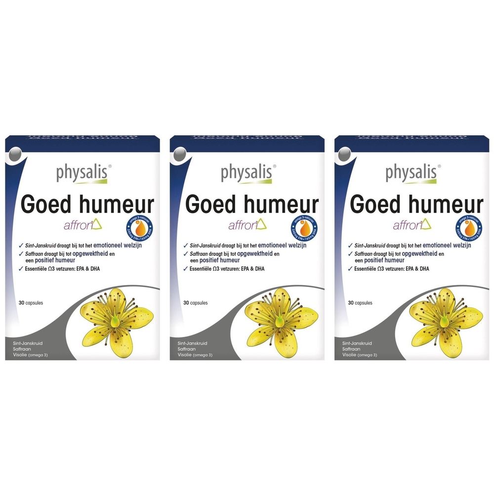 Drie dozen Physalis® Goed humeur. Witte dozen met blauwe deksel, gele bloem en tekst. 30 capsules.