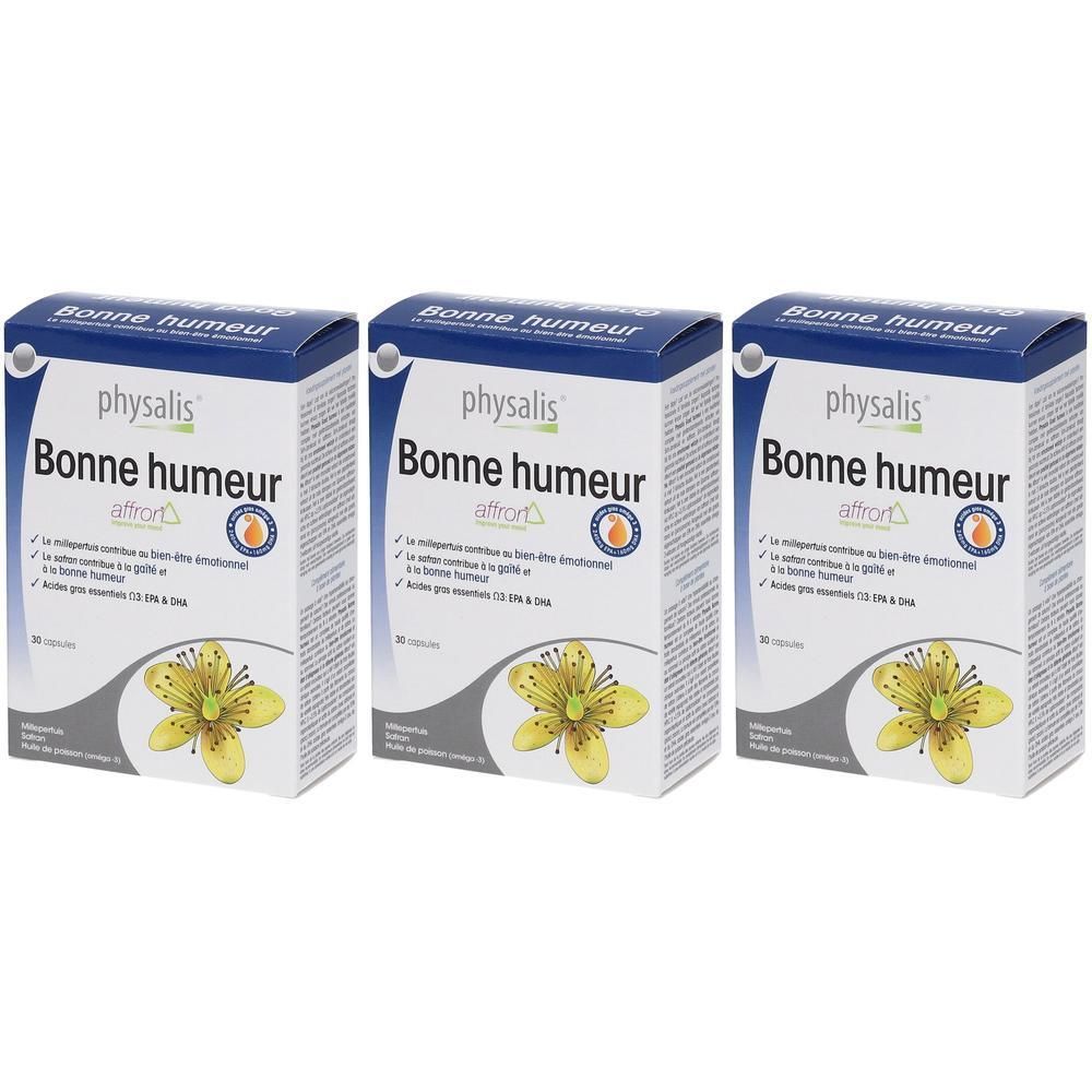 Drie pakken physalis® Bonne Humeur van 30 capsules elk, met afbeelding van een gele bloem.