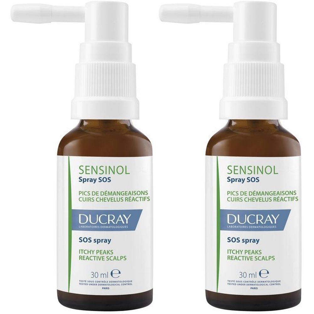 Deux flacons bruns avec vaporisateur blanc. Étiquette : "SENSINOL Spray SOS", "DUCRAY", et "30 ml e".