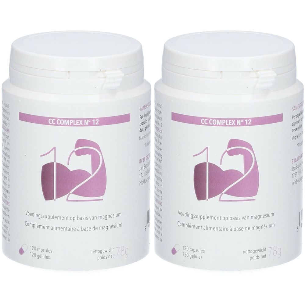 Deux boîtes blanches avec couvercles. Inscription: CC COMPLEX N° 12. Logo rose avec muscle. Texte: Complément alimentaire à base de magnésium. 120 gélules.