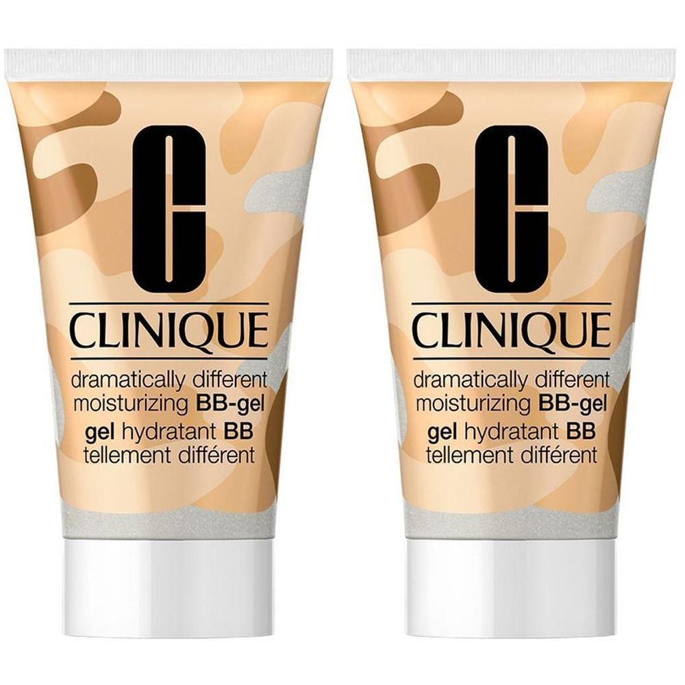 Twee tubes CLINIQUE Dramatically Different™ Moisturizing BB-Gel. Beige-bruin camouflagepatroon, witte dop. Zwart logo en productnaam.