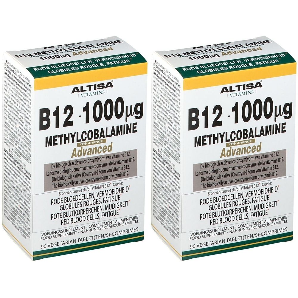 Twee dozen Altisa® B12 1000µg Methylcobalamine. Opschrift: B12, Methylcobalamine, Advanced. 90 tabletten.