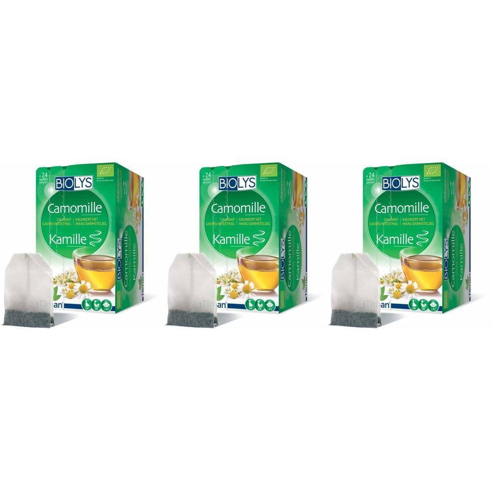 Drie dozen BIOLYS Kamille thee. Groene verpakking met logo en productnaam. Theezakjes ernaast.