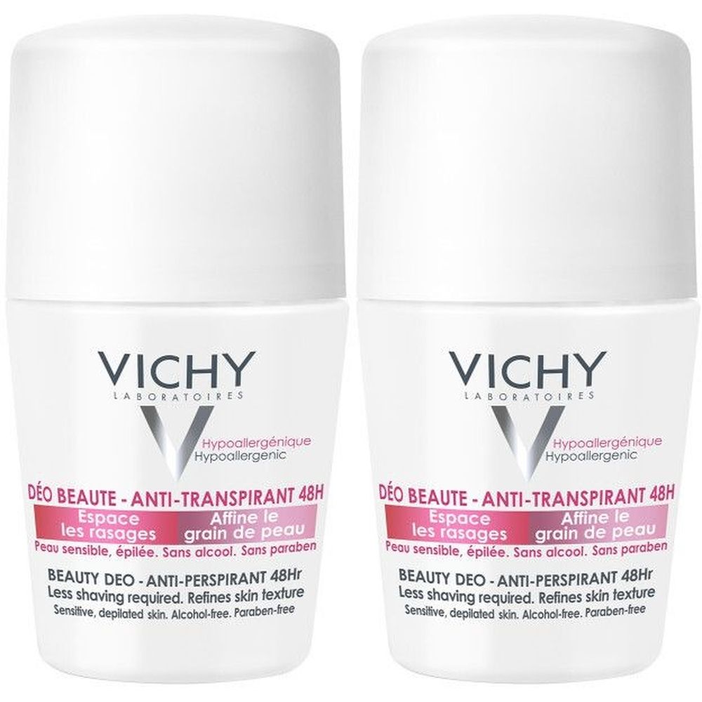 Deux déodorants roll-on blancs. Inscription : VICHY, DÉO BEAUTÉ - ANTI-TRANSPIRANT 48H. Pour peaux sensibles, sans alcool ni paraben. Hypoallergénique.