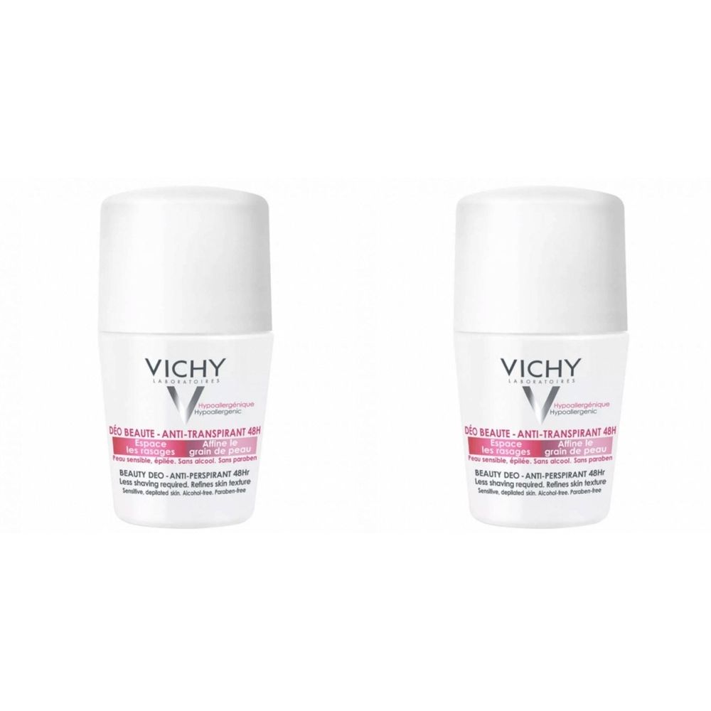 Deux déodorants roll-on blancs. Inscription: VICHY, Deo Beauté Anti-Transpirant 48h.
