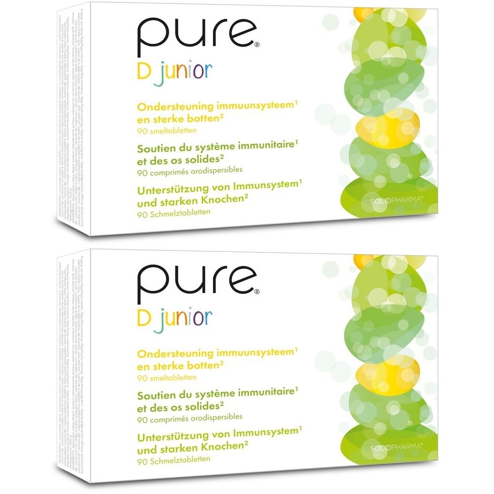 Twee witte dozen met productopdruk. Boven staat "pure. D junior". Daaronder tekst in het Duits, Frans en Nederlands. Groen patroon aan de rechterkant.