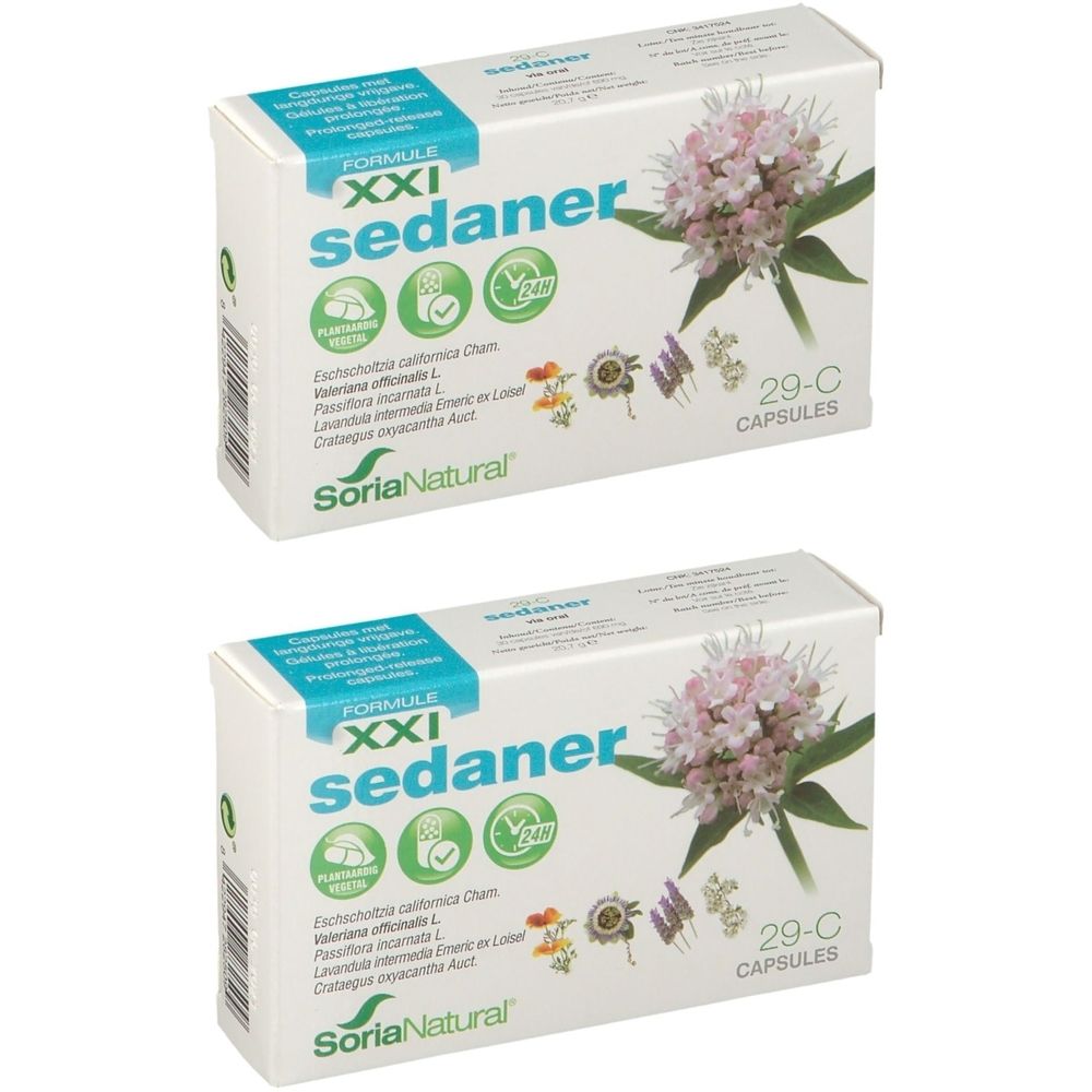 Twee witte dozen met productnaam "sedaner". Opschriften: "Soria Natural", "29-C CAPSULES", plantenillustratie en groene logo's.
