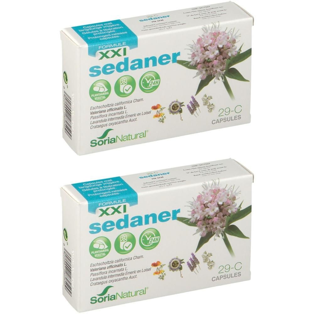 Twee witte dozen met blauwe tekst 'XXI sedaner' en bloemmotieven. 'Soria Natural' logo.