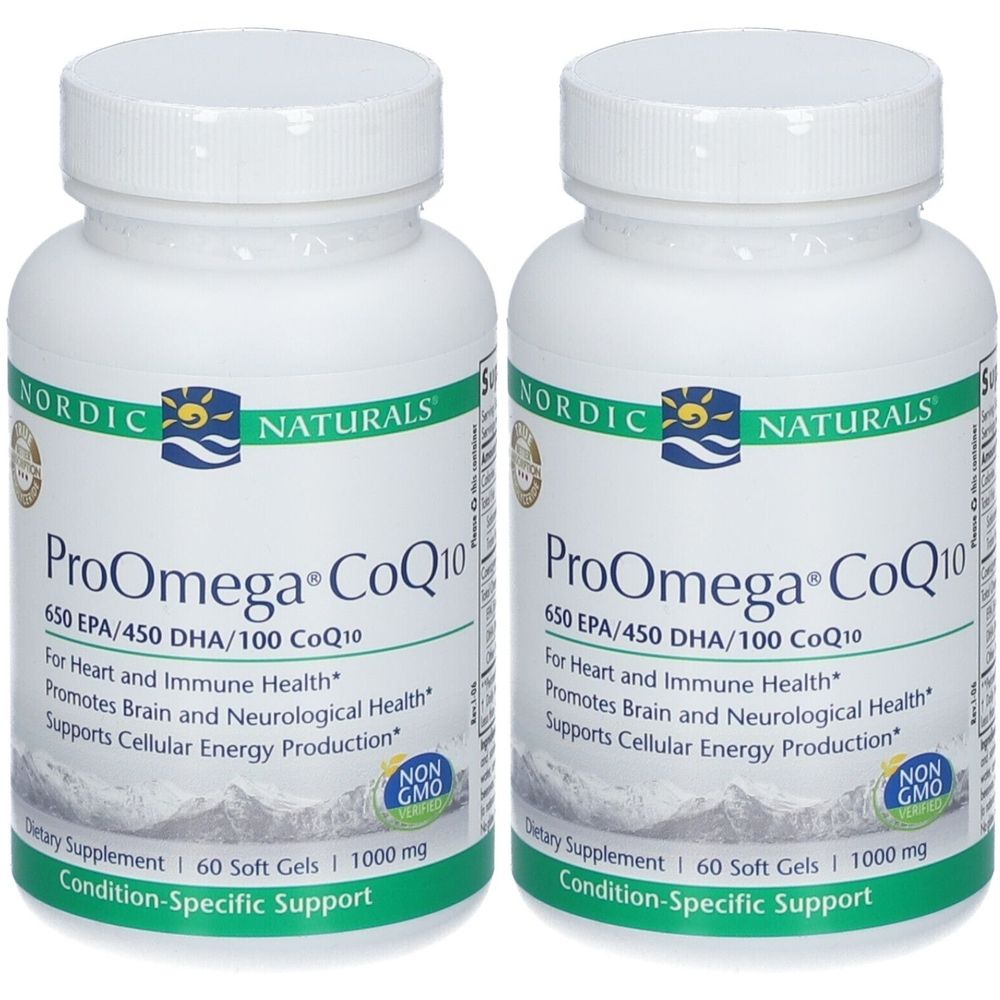 Twee witte flessen met etiketten. Opschrift: ProOmega CoQ10, 60 softgels, 1000 mg. Merk: Nordic Naturals.