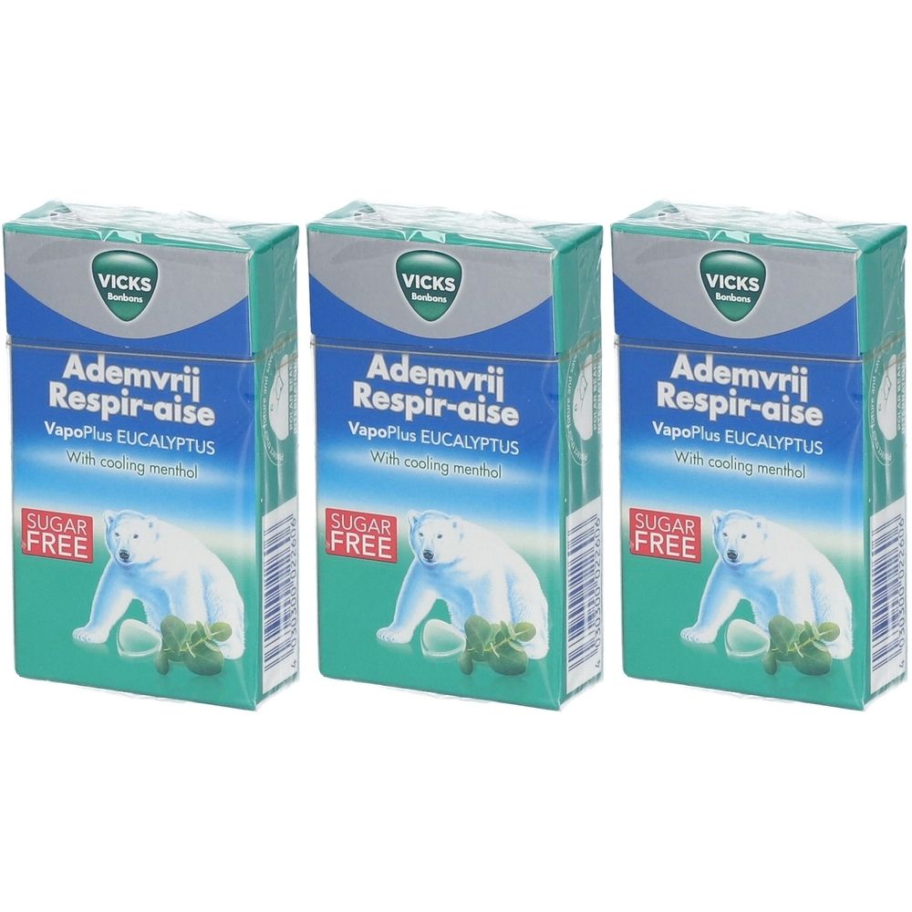 Trois boîtes de "Vicks Respir-Aise Sans Sucre". Inscription : "Ademvrij Respir-aise", "VapoPlus EUCALYPTUS", "Sugar Free".