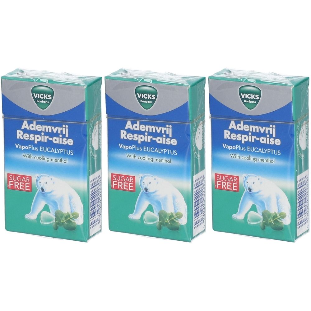 Drie dozen Vicks Respirer Librement Sans Sucre. Blauwe en groene verpakking met ijsbeer illustratie en tekst.