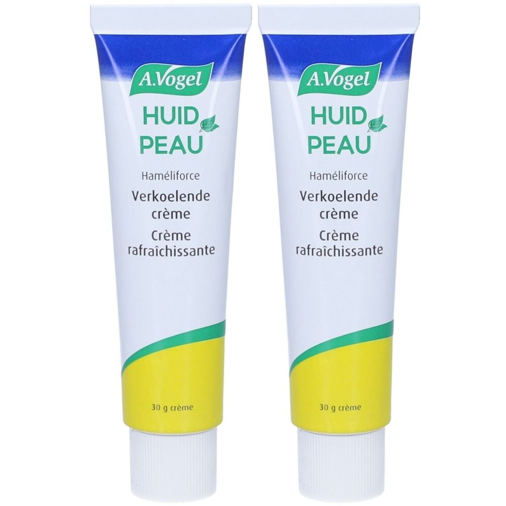 Deux tubes de crème. Inscription: A.Vogel, Huid/Peau, Haméliforce, Verkoelende crème, Crème rafraîchissante. Capuchon bleu.