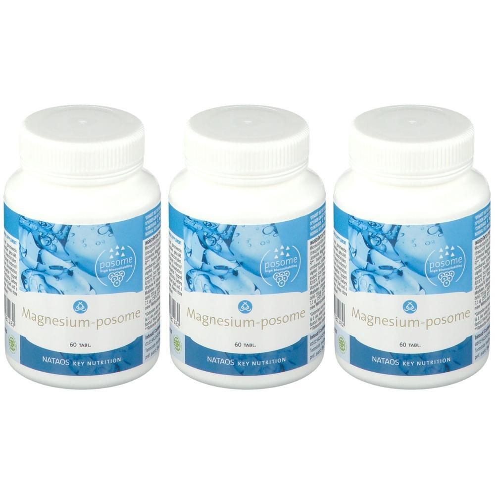 Drie witte flessen met etiketten. Opschrift: Magnesium-posome. Merk: NATAOS KEY NUTRITION. Elke fles bevat 60 tabletten.
