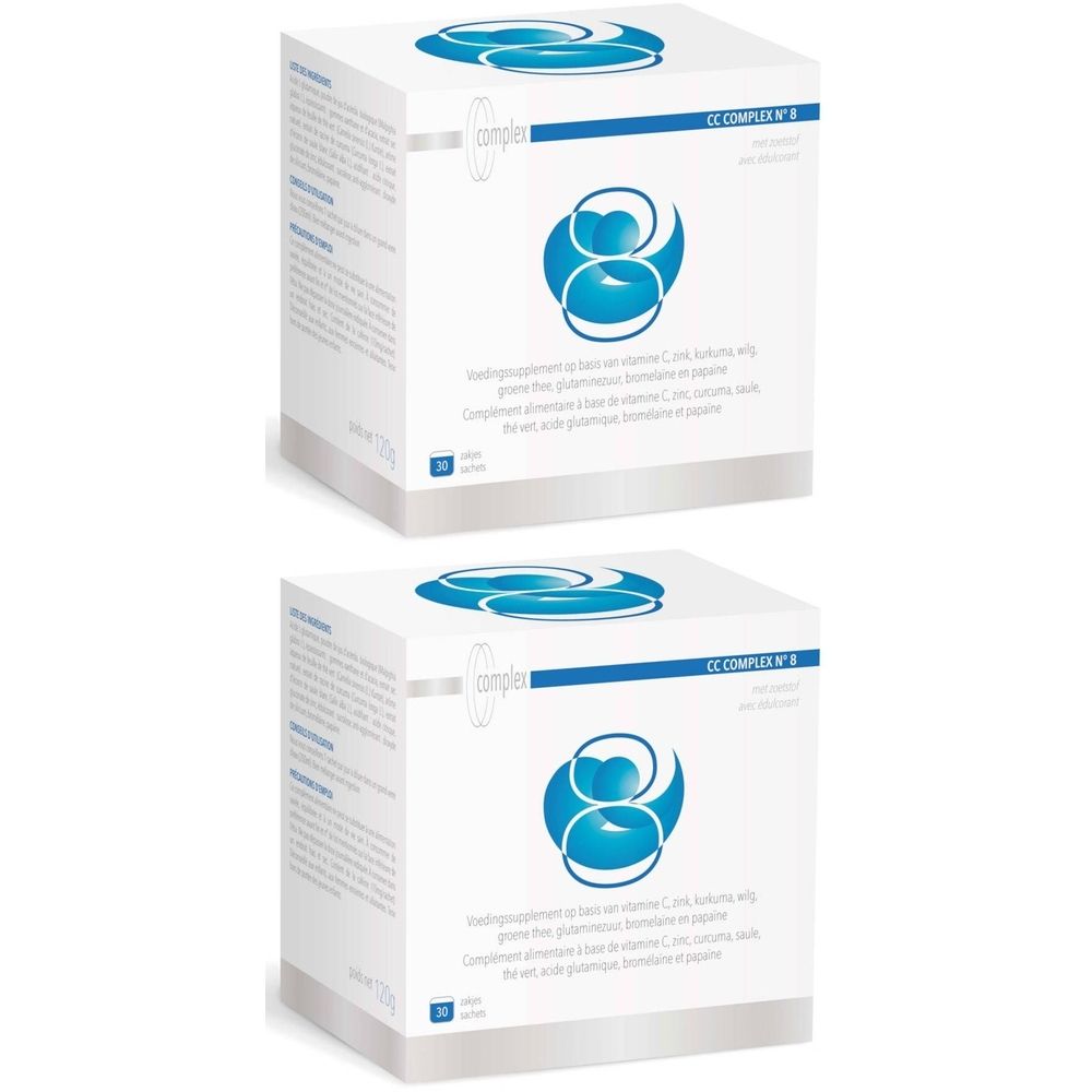 Twee witte dozen met blauw logo en tekst. Opschrift: CC COMPLEX N°8 Glutamique. Bevat 20 zakjes.