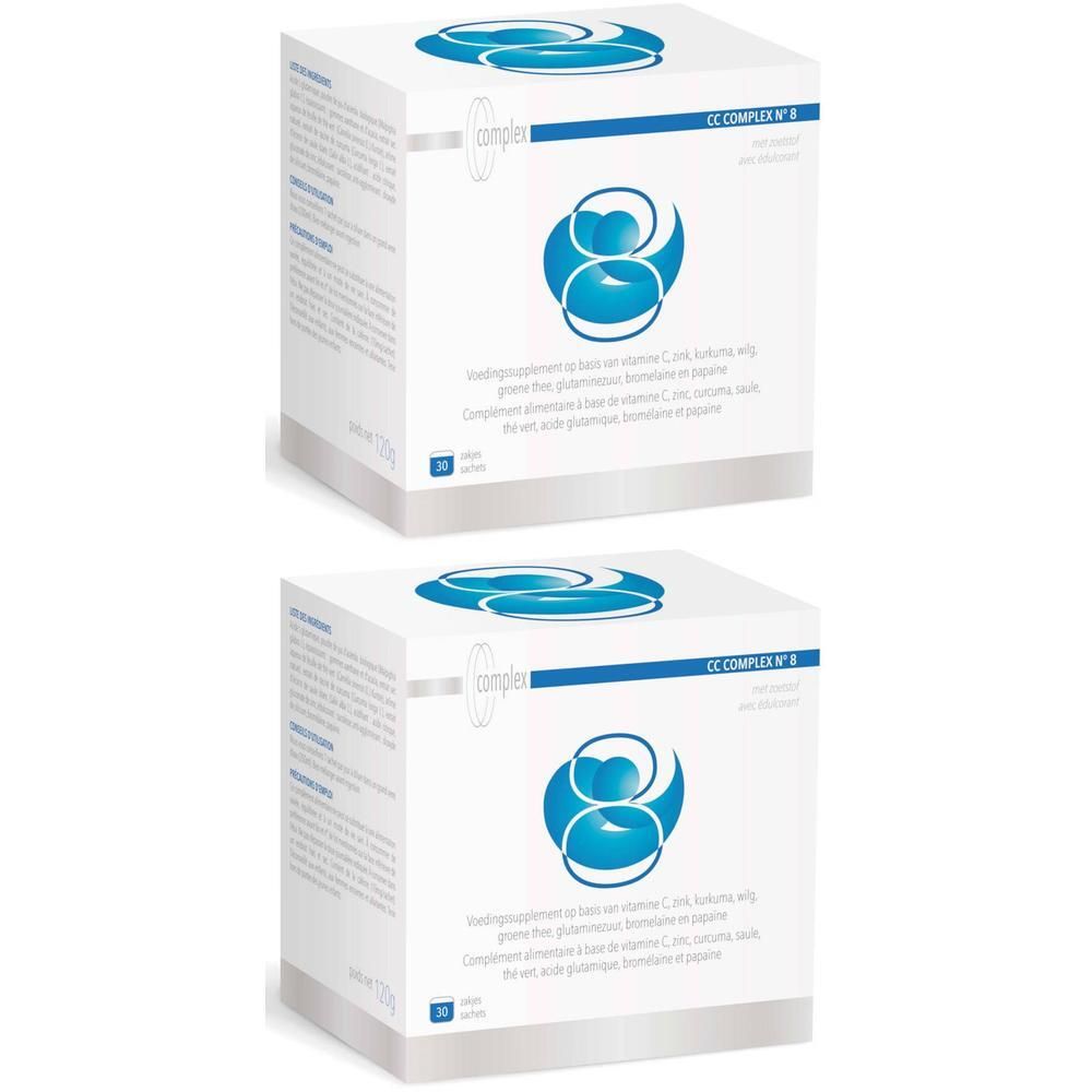 Twee witte dozen met blauwe afbeelding en tekst. Opschrift: CC Complex N°8. Bevat 20 stuks.