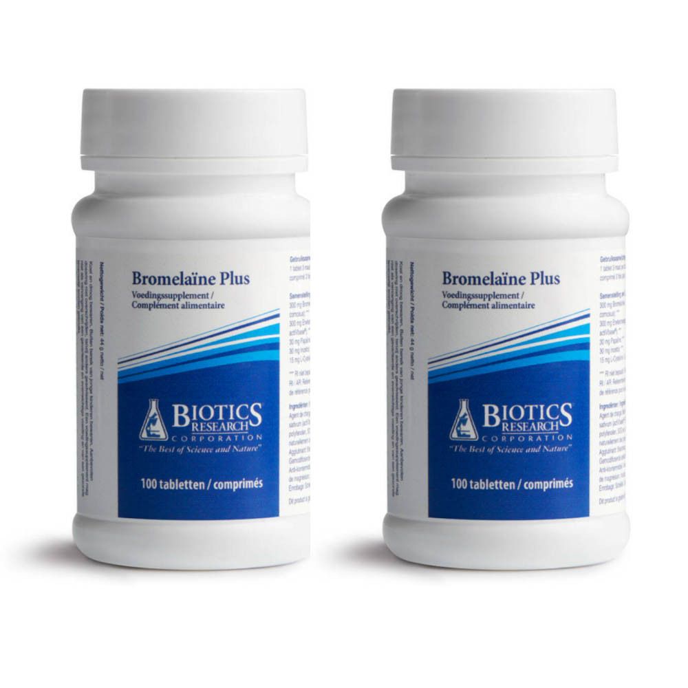 Twee witte flessen met etiketten. Opschrift: Bromelaïne Plus, Biotics Research Corporation. 100 tabletten/comprimés.