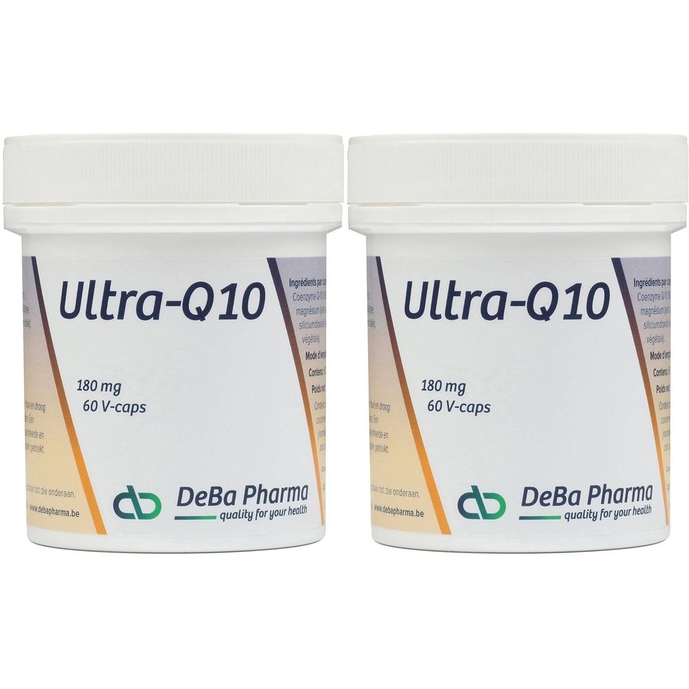 Twee witte potten met Ultra-Q10, 180 mg, 60 V-caps. DeBa Pharma logo.