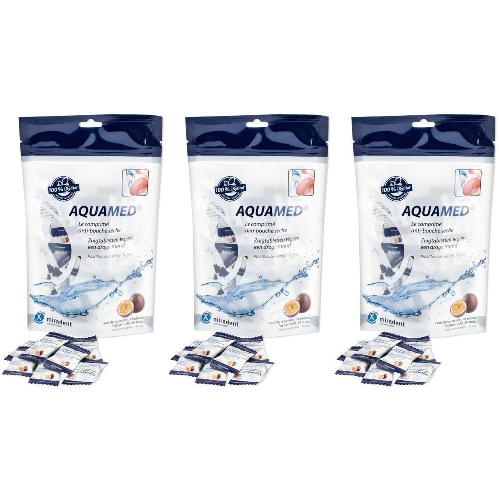 Trois sachets de comprimés Miradent AQUAMED®. Chaque paquet contient des comprimés, nom et logo du produit.