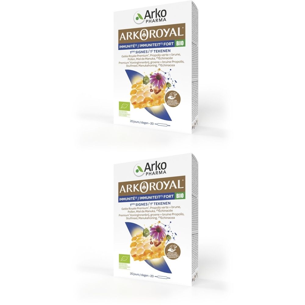 Deux boîtes Arkoroyal Immunité Forte Bio. Blanches, avec logo et nom du produit. Illustration de rayons de miel et fleurs.