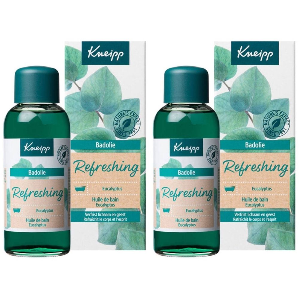 Twee flessen met groene inhoud en groene doppen, naast twee dozen. Opschrift: Kneipp, Refreshing, Eucalyptus.