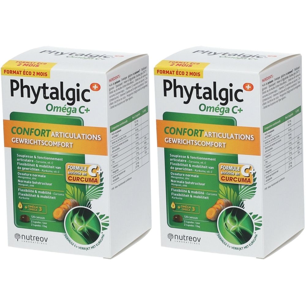Twee dozen met Phytalgic Oméga C+. Opschrift: Confort Articulations, Gewrichtscomfort. Bevat curcuma. Merk: Nutreov.