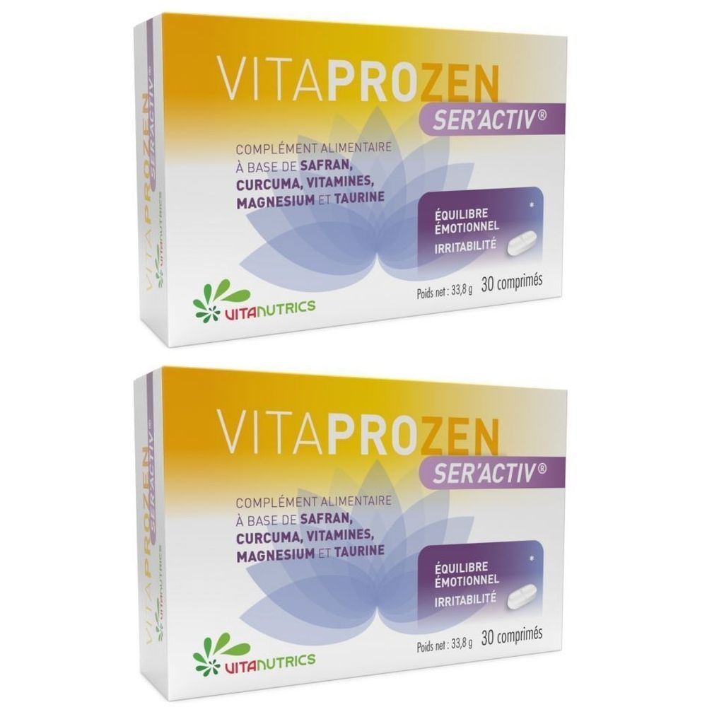 Twee dozen Vitaprozen Ser'activ. Opschrift: Voedingssupplement, saffraan, kurkuma, vitaminen, magnesium, taurine. Merk: Vitanutrics. 30 tabletten.