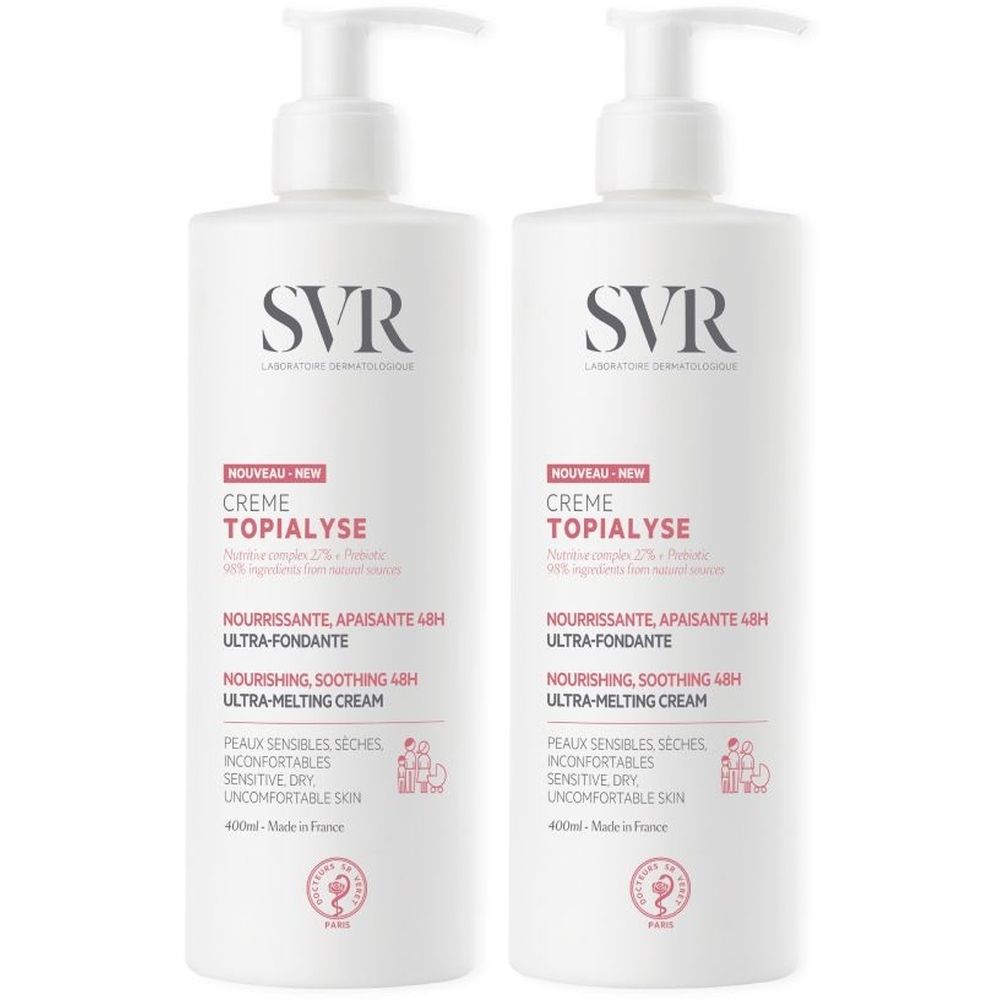 Twee witte flessen SVR Topialyse Crème met pomp. Opschrift: Crème Topialyse, Nourrissante, Apaisante 48H, Ultra-Fondante.